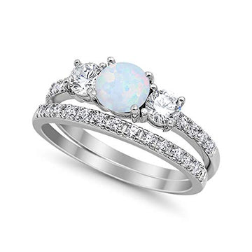 3-Stone Wedding Bridal Piece Ring Round Lab Created White Opal 925 Sterling Silver